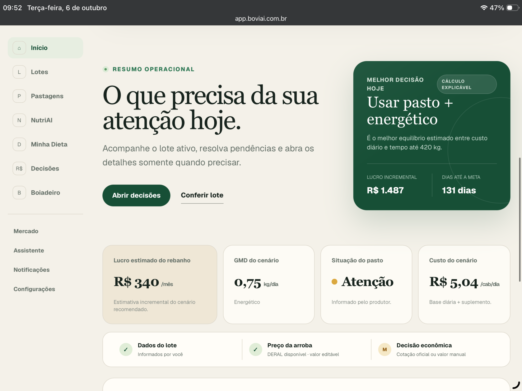 Resumo operacional real da BOVIAI com decisão do cenário, GMD de 0,75 kg/dia e custo de R$ 5,04 por cabeça/dia.